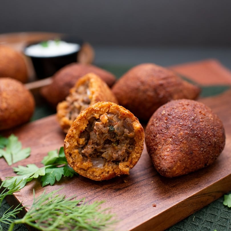 Golden-brown kibbeh balls, one cut open to show the savory meat and onion filling, on a wooden board.